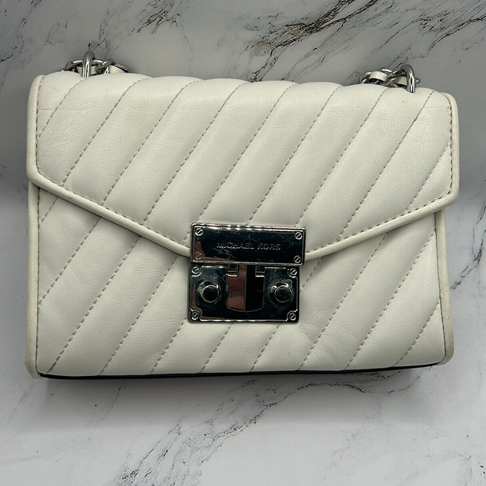 Michael Kors White Quilted Leather Crossbody Purse Small Handbag Silver Hardware - Picture 2 of 16